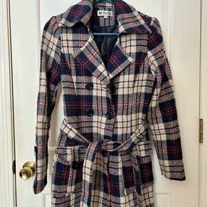 Papillon Blanc Plaid Pea Coat in Navy and Red